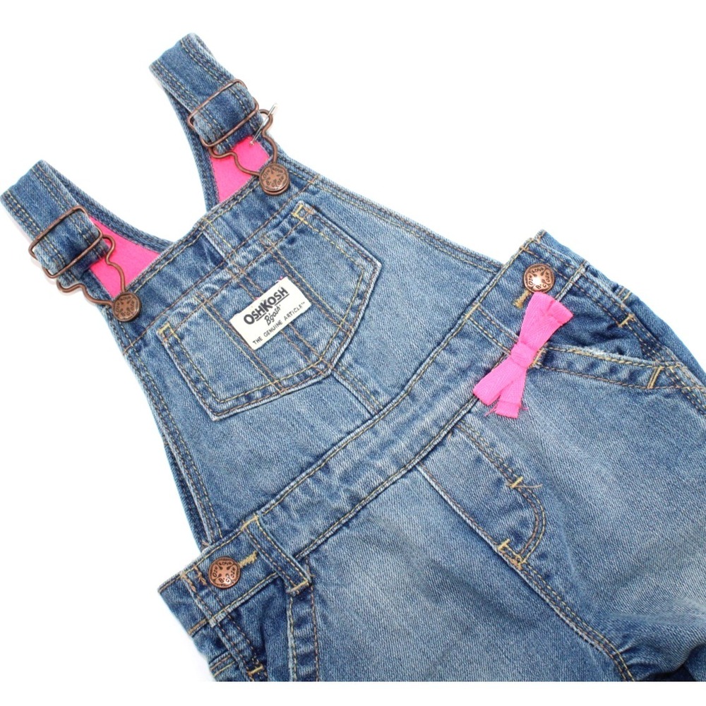 Oshkosh Girls 12 Month Blue Denim Overalls Fleece Lined Pink Bibs